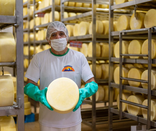 Colaborador segurando peça de queijo parmesão