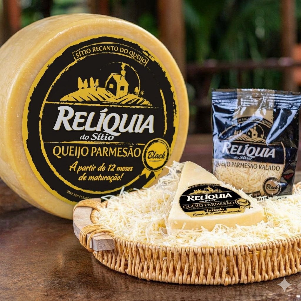 Queijo Parmesão Relíquia do Sítio Black com parmesão ralado Queijo Parmesão Relíquia do Sítio Black com parmesão ralado